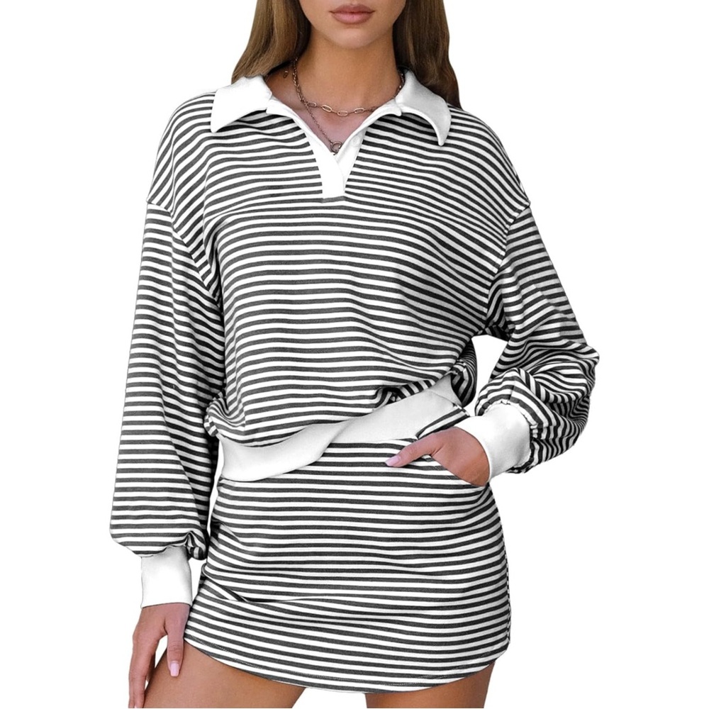 EXLURA striped sweatshirt two-piece matching skort set - XL